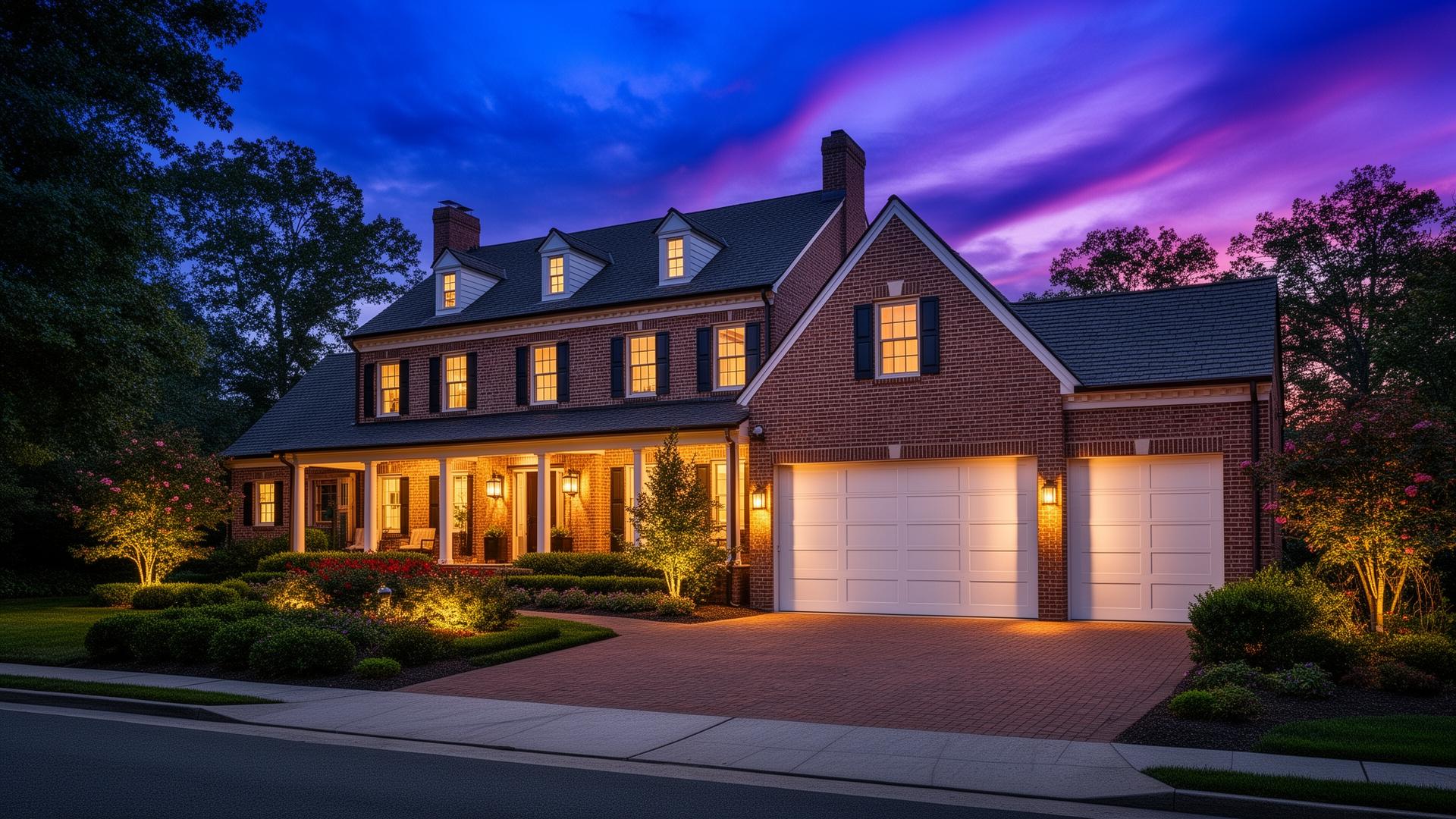 Elegant colonial home with modern flush panel garage doors at dusk